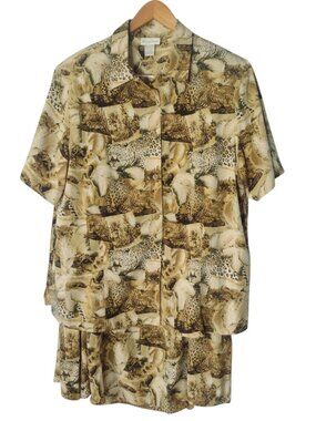 Vintage Maggie Barnes Safari Shirt Midi Skirt Set 22W Modest Animal Print Tribal